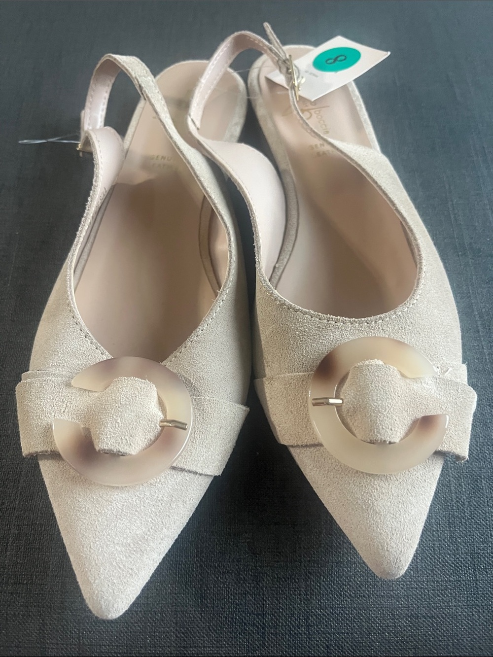 Pointed Slingback Mules with Circular Accent in Light Beige